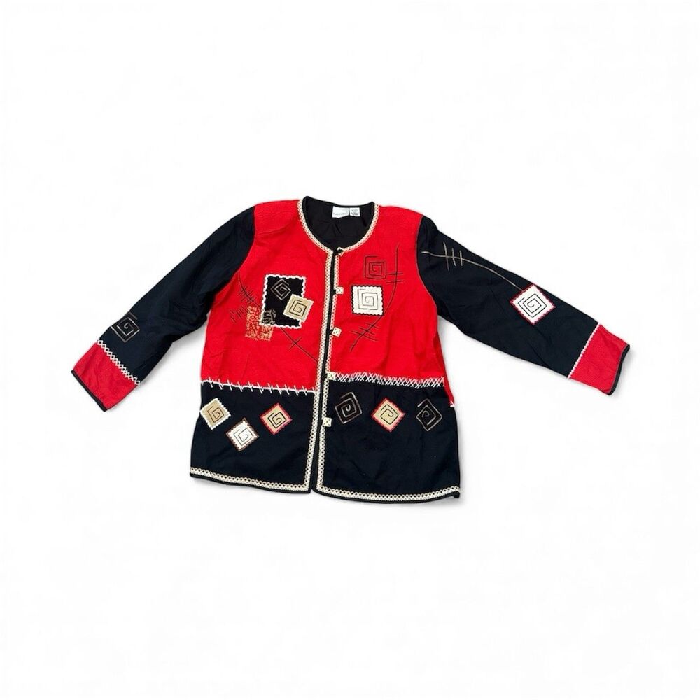 VTG Women's‎ Black Red Tan Artist Patchwork Geo Print Jacket Cardigan Sz 14/16